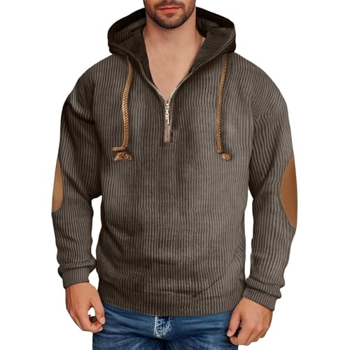 Mens Corduroy Color Blocked Hoodies Quarter Zip Pullover Sweatshirt Elbow Patches Casual Long Sleeve Sweatshirts