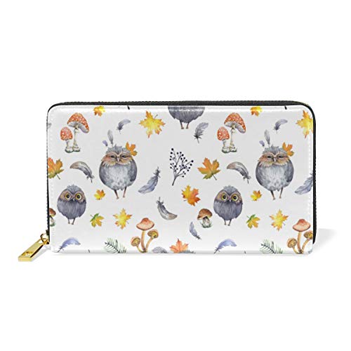 Preisvergleich Produktbild GIGIJY Geldbörse mit süßen Eulen und Herbstblättern, mehrere Kreditkartenfächer, Tasche für Frauen, echtes Leder, mit Reißverschluss