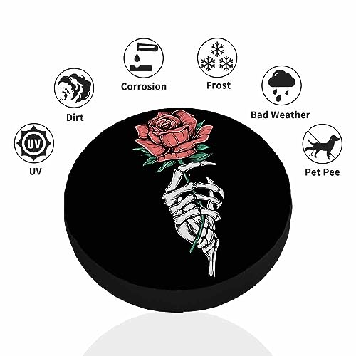 Image of Skull and Rose Spare Tire Cover Vintage Skeleton Holding Flower Halloween Romantic Love Girl Weatherproof Universal Wheel Protectors Camper Tire Covers for Trailer Rv Travel(17 inch)