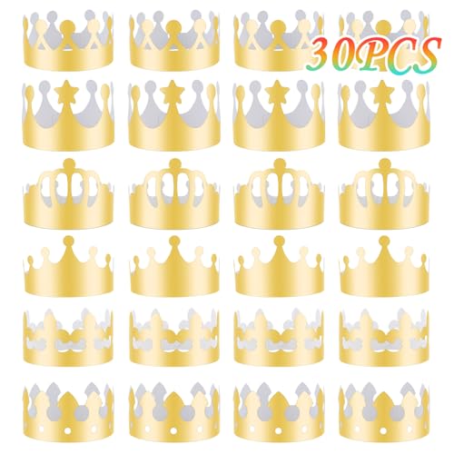MSDADA 30 Pieces Golden King Crowns (6 Style), Gold Foil Paper, Party Crown Hat Cap for Birthday,Celebration Baby Shower,Photo Props,New Year and Wedding Anniversary