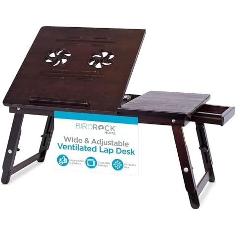 Sofia + Sam Multi Tasking & Ventilated Lap Desk | Folding & Standing Adjustable Wooden Laptop Bed Tray - Table w/Legs | Magnetic Pullout Drawer & Charger Storage | Fits Laptops Up to 15" | Walnut Cover