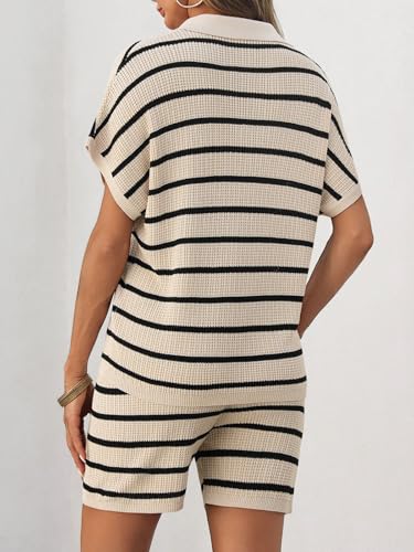 Image of Tankaneo Womens 2 Piece Outfits Striped Knit Summer Sets V Neck Short Sleeve Tops and Shorts Lounge Matching Set