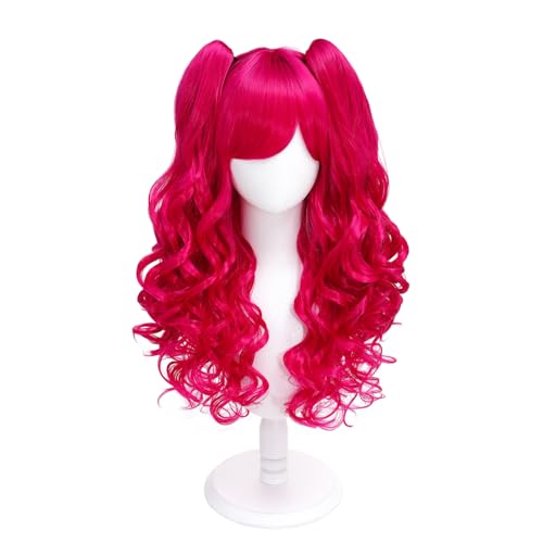 Adequate Long Curly Hot Pink Lolita Wig 2 Ponytails Clip on Cosplay Wig for Women Anime Party Costume Halloween Wig (Hot Pink)