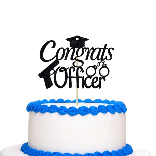 Glitter Congrats Officer Cake Topper - Officer Graduation Police Grad Cake Topper, Police Officer 2026 Graduation Party Decorations Black