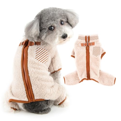 Pyjama en polaire sherpa pour petit chien beige XS avec double anneaux D