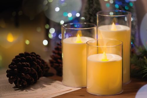 Glowing Creations Flameless Candle – Battery-Operated Set of 3 White Acrylic Candles with Remote Control for Home Décor, Bathroom, Bedroom, Living Room, Boho Apartment Essentials, Wedding Lights