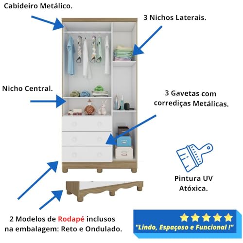Quarto de Bebê Completo com Guarda Roupa 3 Portas Berço Americano Cômoda Uli 4 Gavetas Móveis Peroba