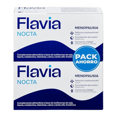 FLAVIA Nocta 2 uds x 30 Comprimidos, Alivia los Síntomas de la Menopausia, Isoflavonas de Soja y Melatonina, Mejora el Sueño, Bienestar de los Huesos, Disminuye Cansancio y Fatiga, Estudios Clínicos