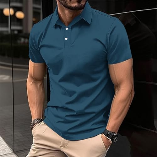 Mens Classic Buttons Shirts Short Sleeve Collared T-Shirt Athletic Slim Fit Pullover Casual Sun Protection Golf Top Navy - 1