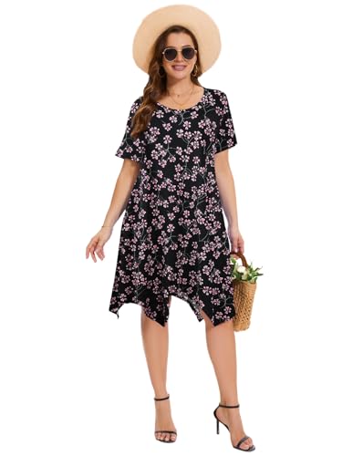 Image of ZENNILO Plus Size Tshirt Dress with Pockets Casual Summer Dresses Crew Neck Short Sleeve Swing Dress for Women