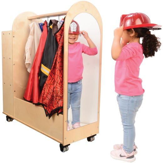 Constructive Playthings Rolling Mobile Wooden Dress-Up Cart for Children with Mirror and Hooks, Durable Classroom Furniture for Schools, Daycares & Learning Spaces
