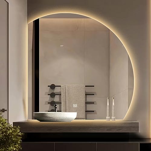 Specchio da bagno a semicerchio illuminato a LED, specchio da parete intelligente HD per trucco touch control con 3 impostazioni di colore, dimmerabile, 50 cm, design quadrato sinistro