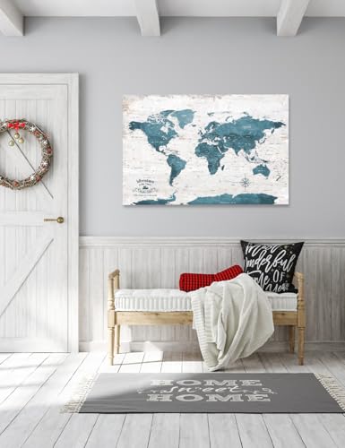 Image of IPIC - Large Vintage Teal World Map Canvas Wall Art, Push Pin World Map to Track Your Travels, Rustic Style Wall Decor for Home, Office, Living Room or RV, Ready to Hang, Made in USA