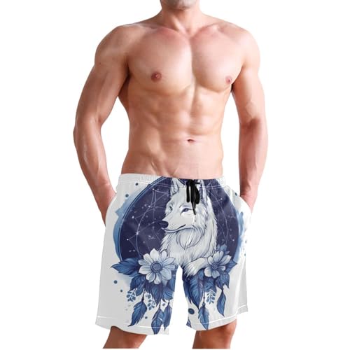 Men’s Swim Trunks Navy Blue Feather Dreamcatcher Wolf Beach Board Shorts Swimming Short Pants Running Sports Surffing Shorts4