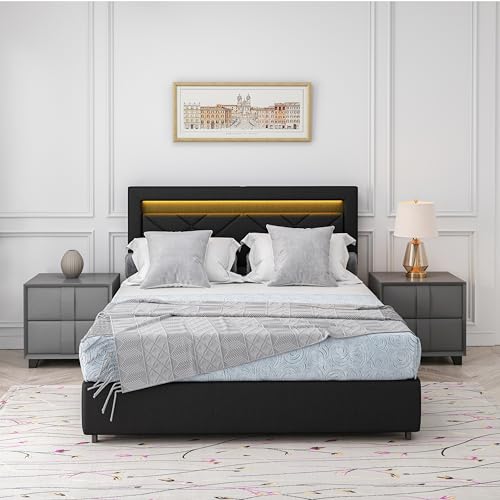 GOWE Moldura de cama queen size com luzes LED, estação de carregamento USB, moldura de cama de tinta