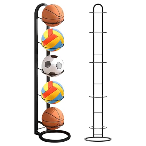 KUWUNG Ball Storage Rack, 5 Tiers Removable Cube Ball Stand Ball Storage Garage, Multi-Layer Football Stand, Metal Basketball Stand Ball Holder for Volleyball Football Basketball Soccer Indoor Outdoor