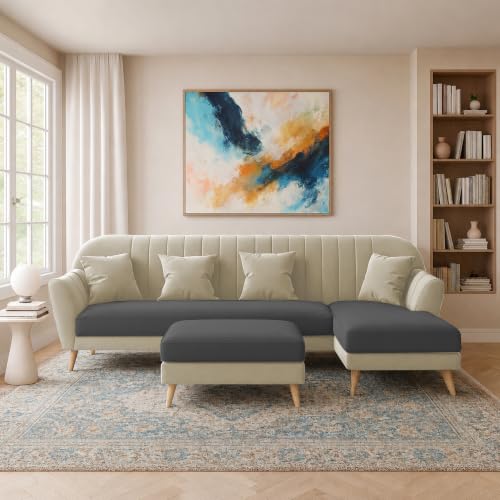 Image of Atticus RHS 6 Seater L Shape Sofa Set with Ottoman Living Room (Cream Black Colour Fabric) Premium Fabric Sofa Set for Living Room