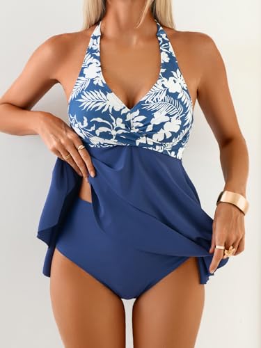 Image of Aidonger Halter Women's Tankini Swimsuits Tummy Control Two Piece Swim Dress Bathing Suits Flowy Swim Top with Short