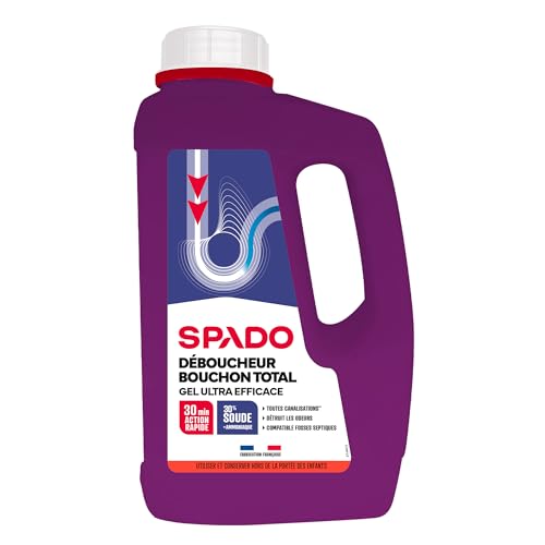 SPADO - Déboucher Gel - Bouchon total eau stagnante - Compatible fosses septiques- Détruit les odeurs - soude minérale concentrée 30% - action dès 15min -...
