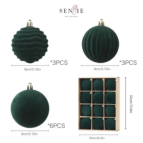 Image of 3.15In Green Velvet Christmas Ornaments Set,12Pcs Flocked Ornaments Balls