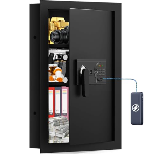 25.6 Tall Firproof Wall Safes Between The Studs 16 Centers: Heavy Duty Hidden Flush Safe with Digital Keyboard 2 Removable Shelf Hidden Tray Protecting Money Jewelry Certificate Passport for Home