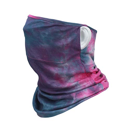 QBA Bandana, Cooling Face Scarf, Neck Gaiter Reusable Cloth with Ear Loops, Filter Pocket, Balaclava UV Protection for Men, Women & Kids, Tie-Dyed Blue Pur.