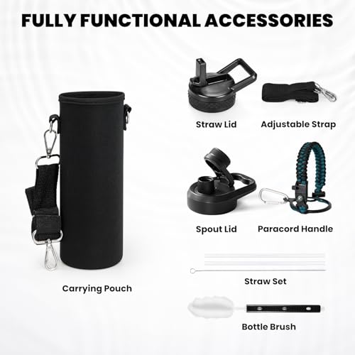 Image of RAYMYLO Insulated Water Bottle 24 oz, Triple Wall Vacuum Stainless Steel (Cold for 24Hrs, Hot for 12Hrs), Leak Proof & Non-BPA, Modern Water Flask Jug with Paracord Handle & Straw Spout Lids