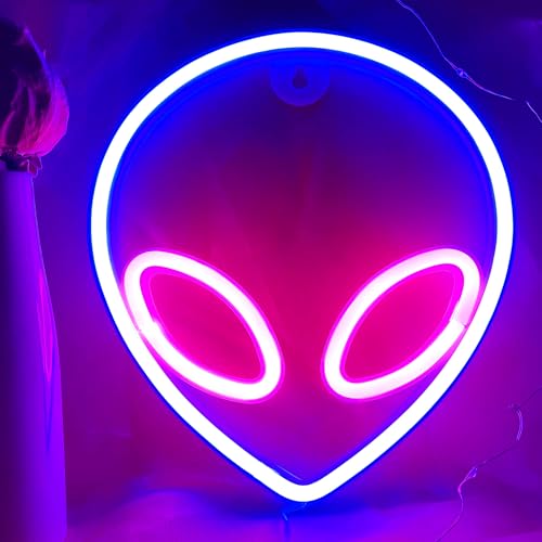 Image of Alien Neon Sign Blue and Pink Alien Light, Alien LED Sign Alien Head Lamp Gifts USB /Battery Powered Neon Sign for Man Cave Game Room Teen Bedroom, Party Decorations for Halloween, Christmas