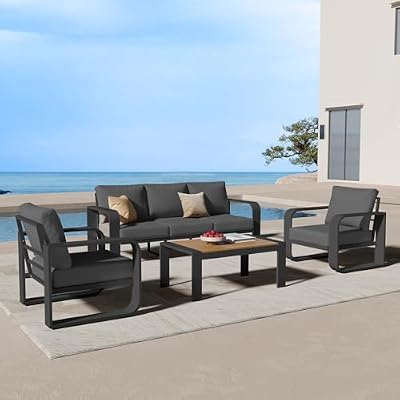 Oasbira Oversized Aluminum Outdoor Furniture Set, Extra Large Patio Furniture Sofa Set 4.8” Widened Armrest & Ultra-Thick Cushions, 4 Pcs Modern Patio Sectional for Backyard, Porch, Graphite