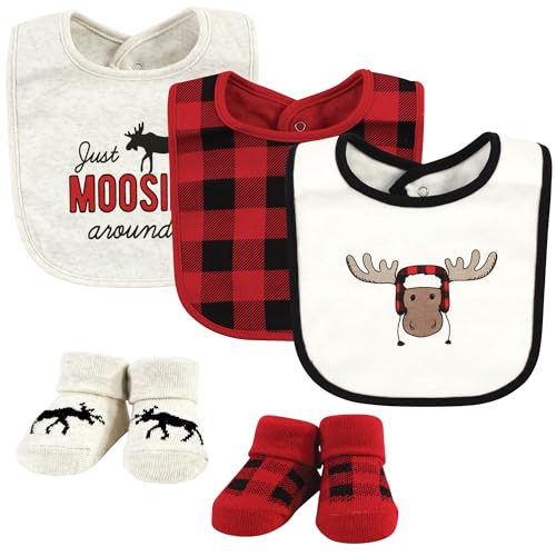 Image of Hudson Baby Unisex Baby Cotton Bib and Sock Set, Winter Moose, One Size