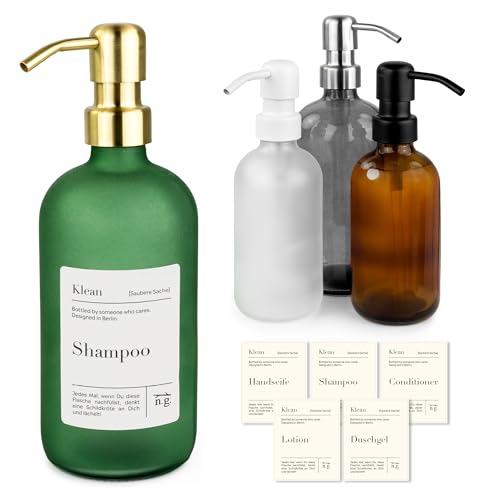 Natural Goods Berlin Seifenspender mit Etiketten KLEAN transparent schwarz Ø 6 x 18 cm - 250ml mit Edelstahl-Pumpkopf in schwarz/hochwertiger & nachfüllbarer Seifenspender für Küche & Bad