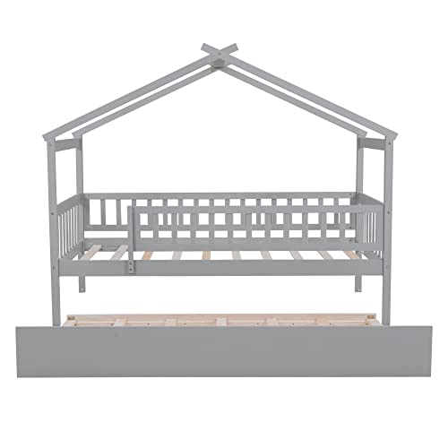 Deinppa Twin House Bed With Trundle, Kids Bed With Fence Guardrails, Wood Bed Frame, Decorative Roof Designs, No Box Spring Needed, For Boys Girls Toddler Kids-Grey #TOP4
