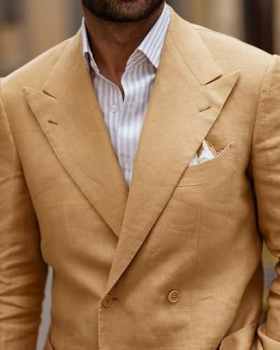 Linen Suits for Men Wedding Double Breasted Suit Men Regular Fit Tuxedos 2 Piece Light Weight Blazer Pants for Beach2