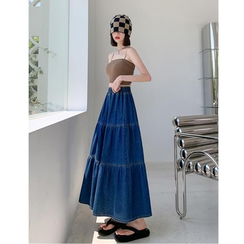 Korean Version Women's High Waisted Layered Denim Skirt, Plus Size A-line Extra Long4