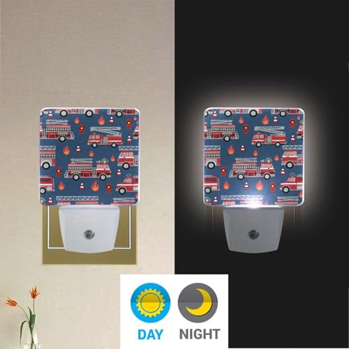 Image of Fire Trucks Night Lights 2 Pack Plug-in Wall Led Nightlight Auto Dusk-to-Dawn Sensor Lamps for Bedroom Kitchen Bathroom Hallway Stairs