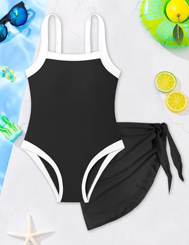 Image of Shallmu Girls Swimsuits Color Block Adjustable Thick Strap One Piece Bathing Suits with Cover Up Skirt Girl's Swimwear 9-16Y