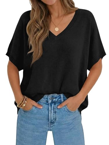 Saodimallsu Womens Oversized Sweaters Batwing Short Sleeve Lightweight V Neck Casual Summer Knit Pullover Tops Black