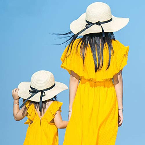 Julerwoo 2 PCS Parent-Child Straw Hat Wide Brim Bowknot Cap Beach Sun Hat for Girls Women2
