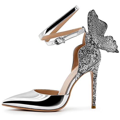 Findvell Silver High Heels Butterfly Back Sexy Stiletto Pumps Closed Toe Sparkly Ankle Strap Heels Sandals Dress Shoes For Women Size 5.5 #TOP1