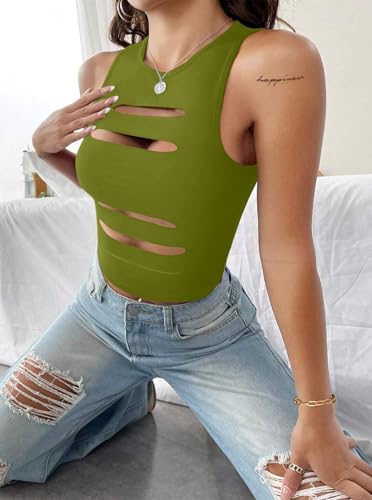 Image of LovelyWholesale Women Sexy Cut Out Crop Tank Tops Crew Neck Summer Sleeveless Top