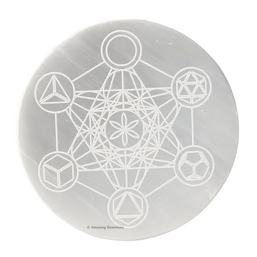 Selenite Crystal Charging Plate For Crystals And Healing Stones, 4" Selenite Crystal Plate Engraved Platonic Metatron Cube Coaster For Home Office Table Decor (Selenite Round Disc)