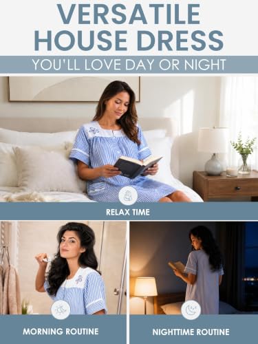 Image of Casual Nights Women's Snap - Front House Dress Short Sleeve Woven Housecoat Duster Lounger Robe with Pockets