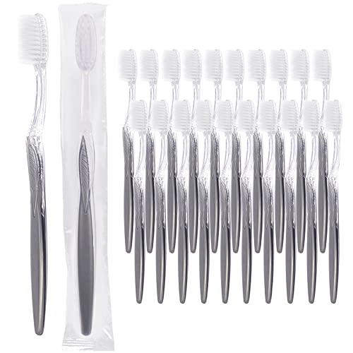 Grey Handle Toothbrush, Bulk Disposable Toothbrushes Individually Packaged for Travel, Hotel (20)