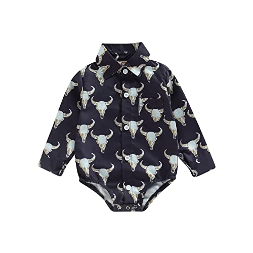 Image of Karuedoo Western Baby Boy Clothes Cow Print Shirt Romper Infant Long Sleeve Button Down Bodysuit Onesie Gentleman Outfit (C Navy, 3-6 Months)
