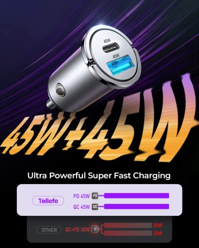 Usb C Car Charger, [Pd45W & Qc45W]Dual Fast Ports Fast Charge Car Charger [All Metal & Mini]Cigarette Lighter Adapter For Iphone 14/13/12 Pro Max Samsung S22/21 Note20/10 Google Pixel, Ipad Pro-Sliver #TOP1
