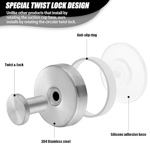 Image of Suction Cup Hooks, 2 Pack Silver Stainless Steel Suction Hooks for Shower | No-Drill, Reusable Removable, Towel Hook Holders for Bathroom Kitchen, For Smooth Surfaces Like Tile, Glass, Mirror