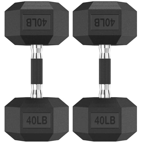 HANDBODE Hex Dumbbell Set of 2, Rubber Encased Fixed Dumbbells, 40 lb-A