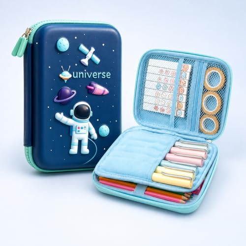 Image of Famyo Blue Astronaut & Space Pencil Box for Kids | Hard Shell School Stationery Organizer | Aesthetic Pencil Case for Boys & Girls | Cute Stationery Item for School & Travel