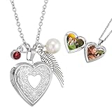 sourcing map Heart Locket Necklace for Women, Engraved Floral Locket Necklace Heart Pendant That Hold Photo with January Ruby Red Birthstone, Wing, Pearl and Gift Box for Women Jewelry Gift