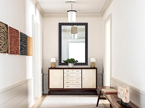 Image of Wooden Large Living Room Mirror, 48 inchx32 inch Vintage Black Bathroom Mirror, Rectangular Relief Frame, Farmhouse Modern Style Decor for Entryway /Dining Room /Bedroom